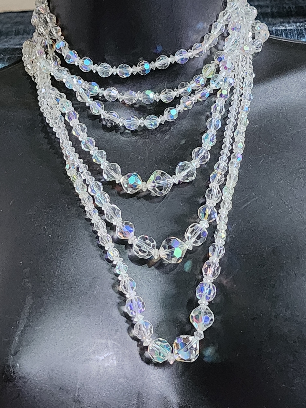Vintage Aurora Borealis Iridescent Clear Multi-Strand Beaded Necklace Statement